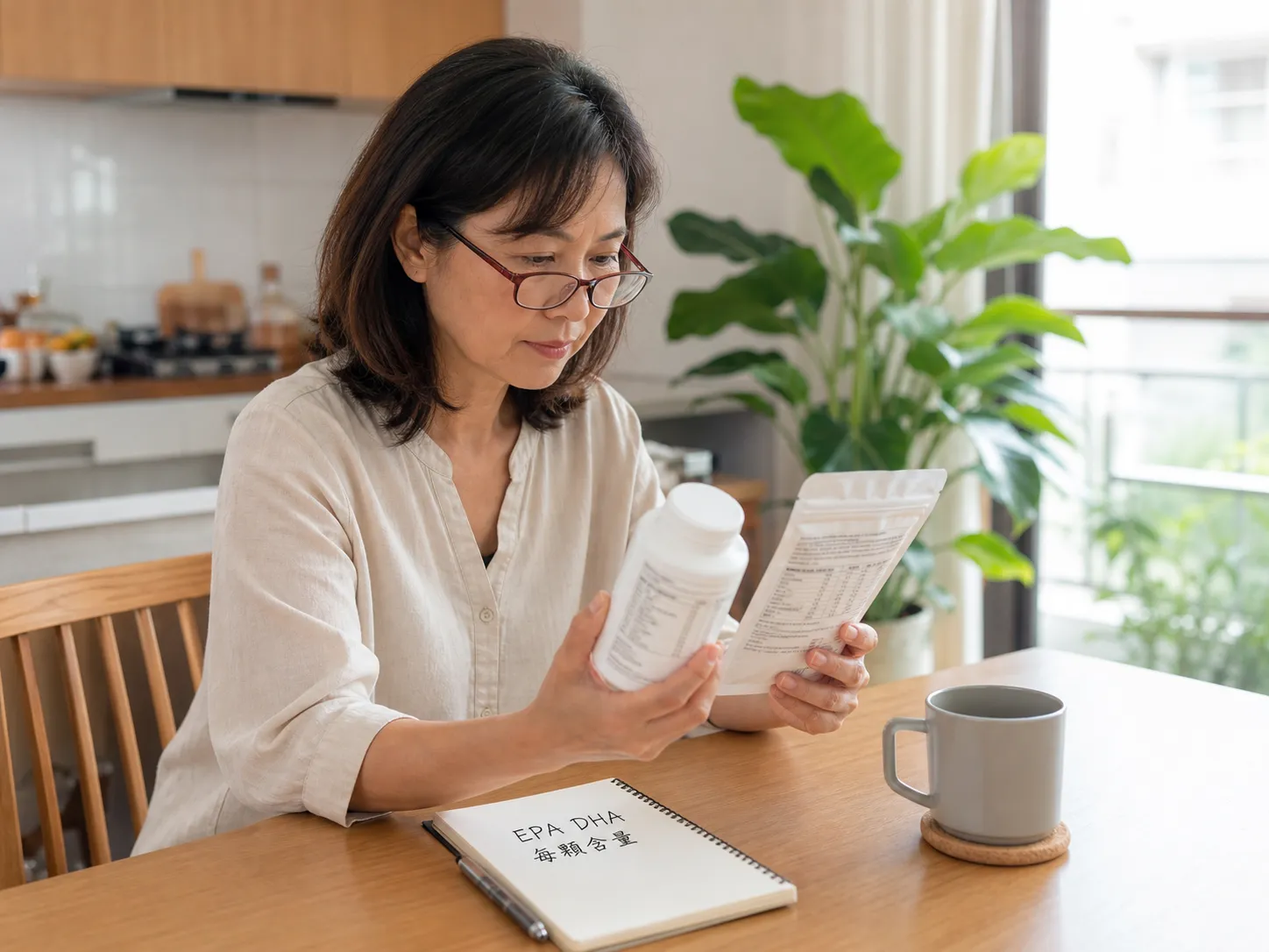 消費者比較魚油與角鯊烯產品背面標示，查看 EPA、DHA 與每顆含量