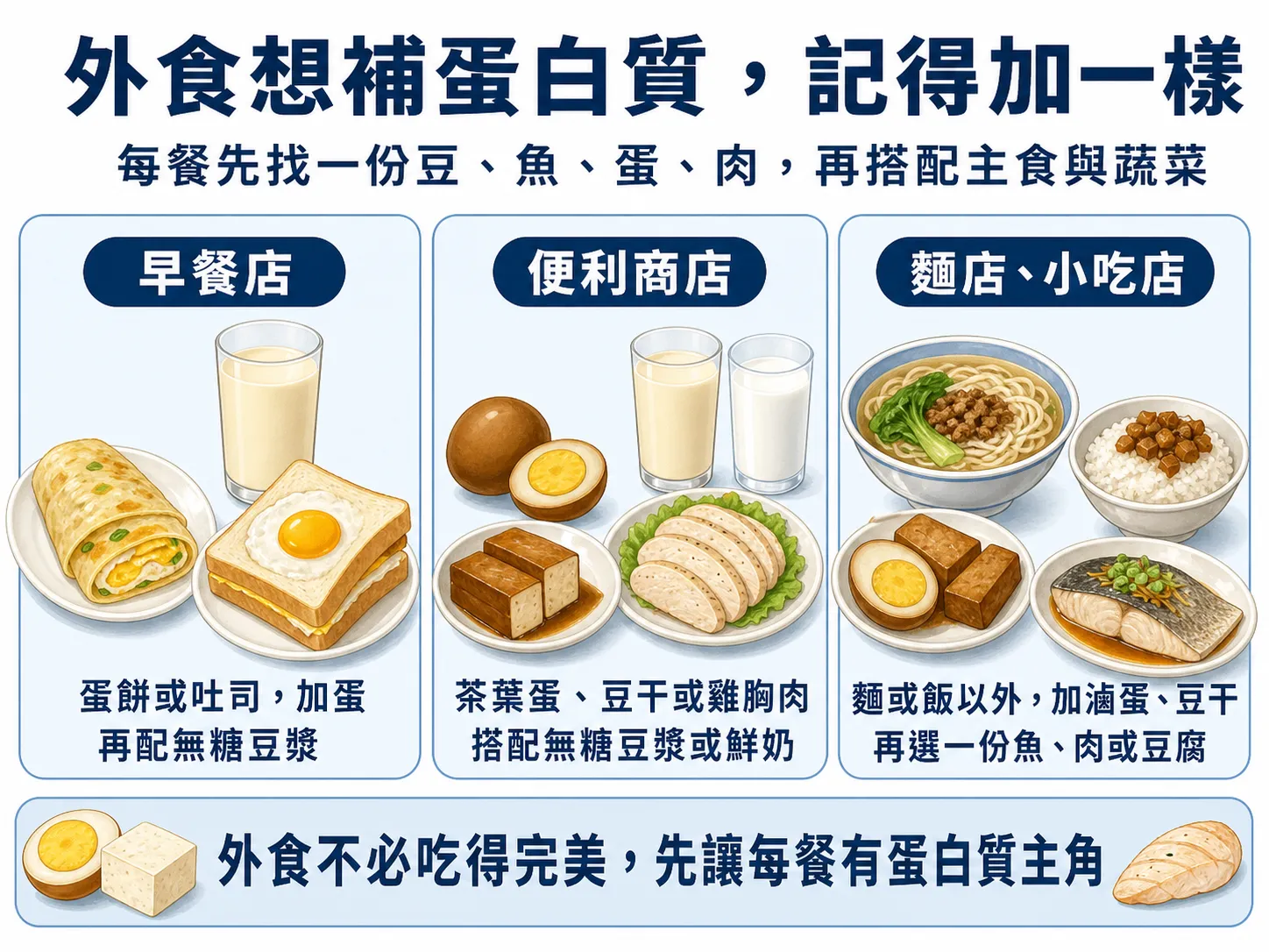 外食補蛋白質資訊圖,整理早餐店、便利商店與麵店小吃店增加豆魚蛋肉食物的實用方式