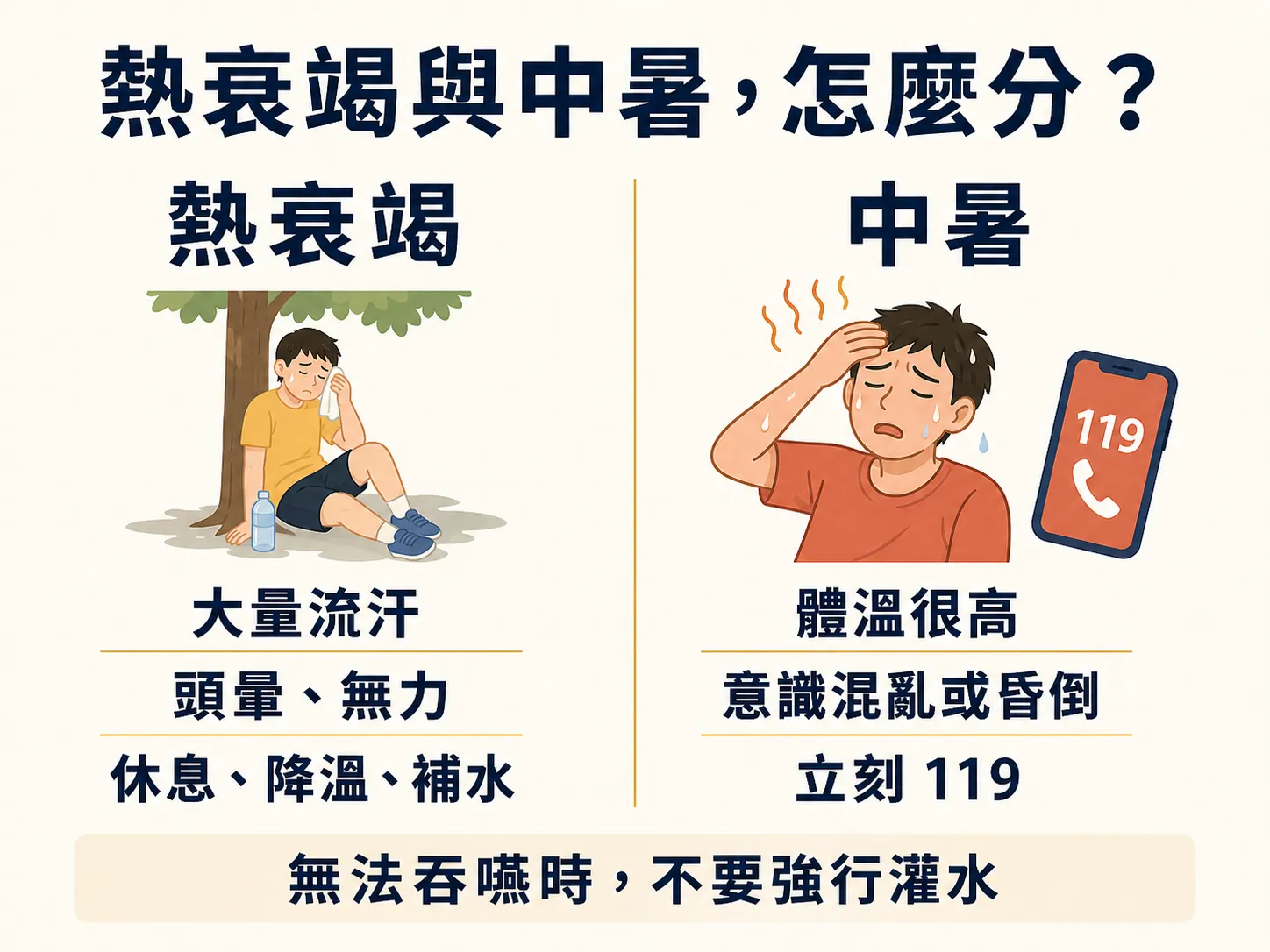 熱衰竭與中暑的常見表現及處理方式比較圖