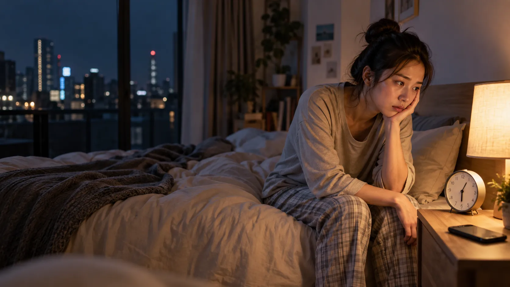 夜晚坐在床邊整理睡前習慣的成人生活情境
