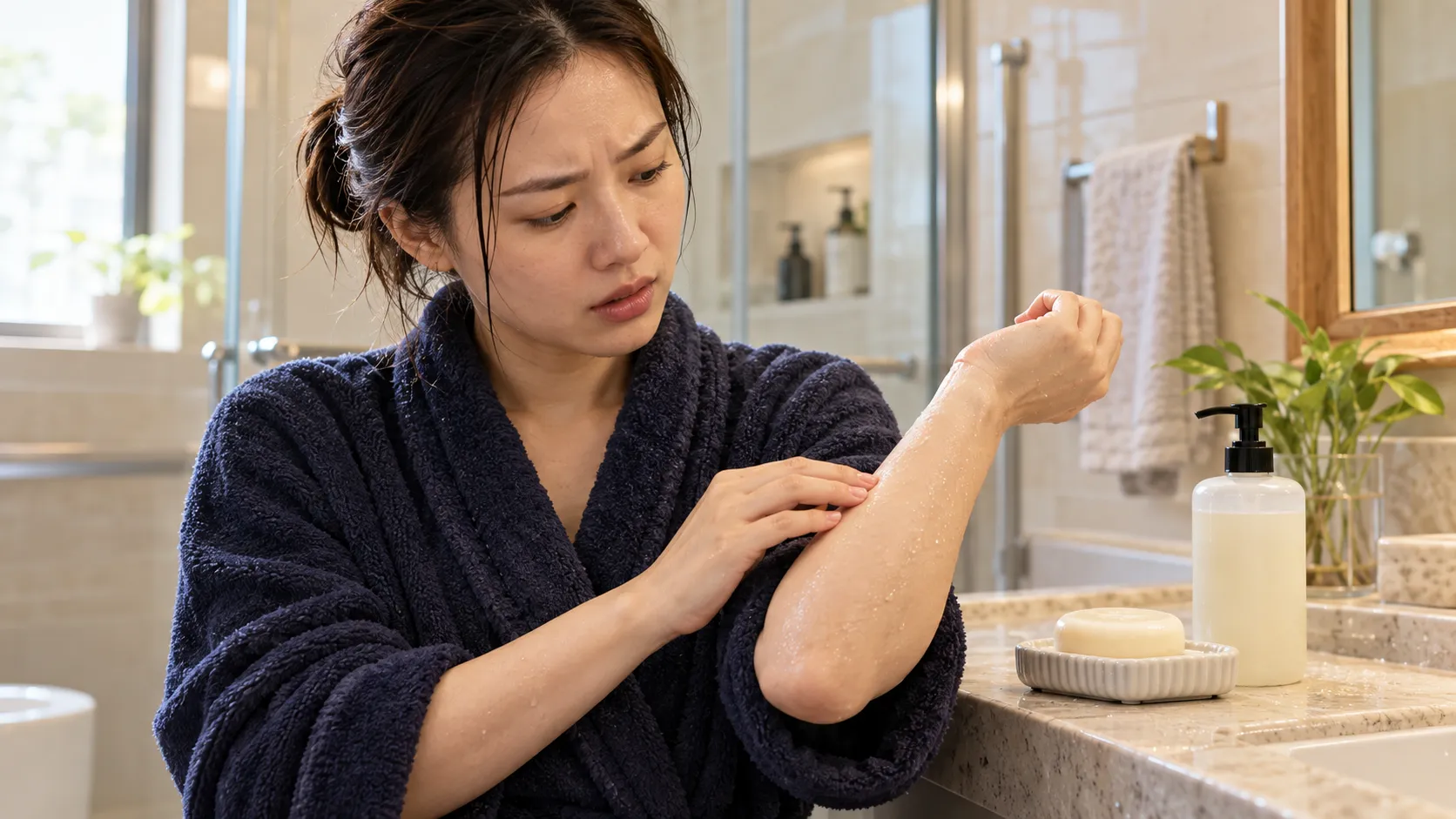 女性在浴室沖洗後查看手臂觸感,旁邊放著圓形皂與沐浴乳,呈現沐浴用品選擇情境