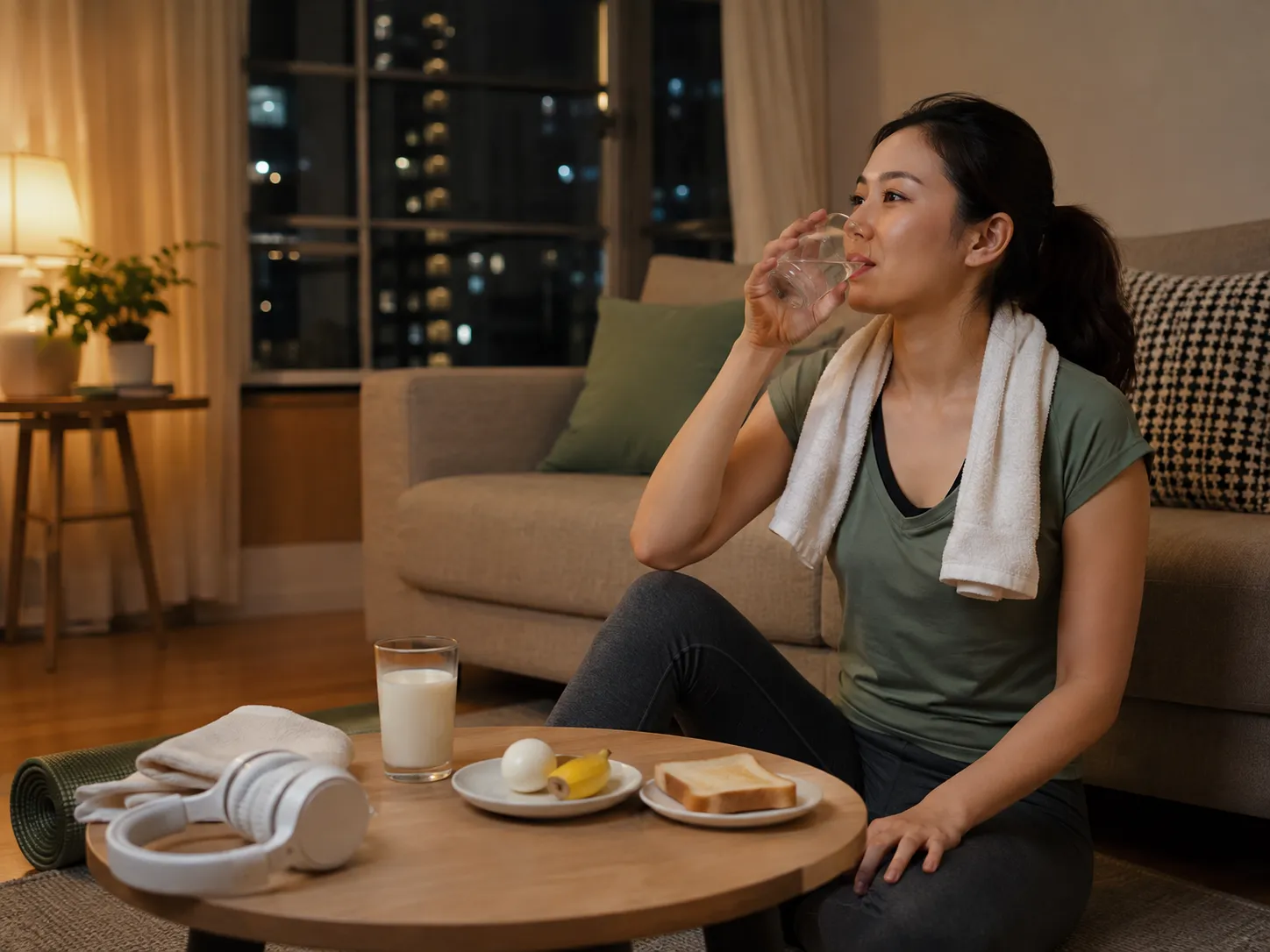 晚上運動後不餓時,以水、豆漿、雞蛋與水果安排簡單點心