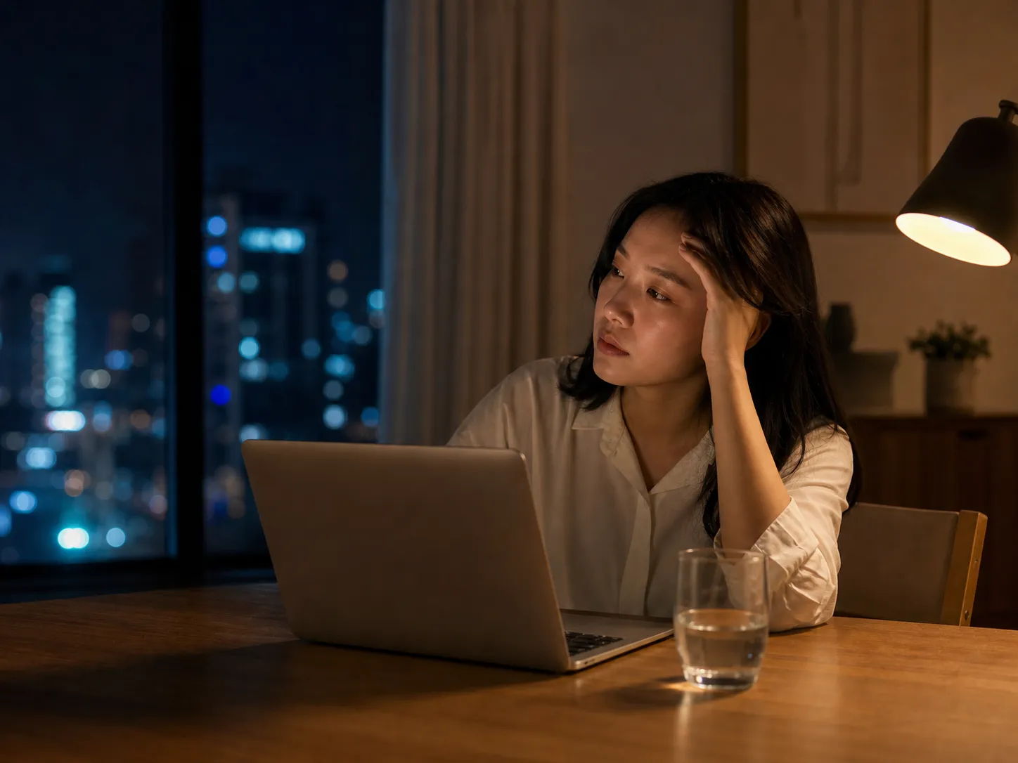 上班族深夜工作後感到疲憊的日常生活情境