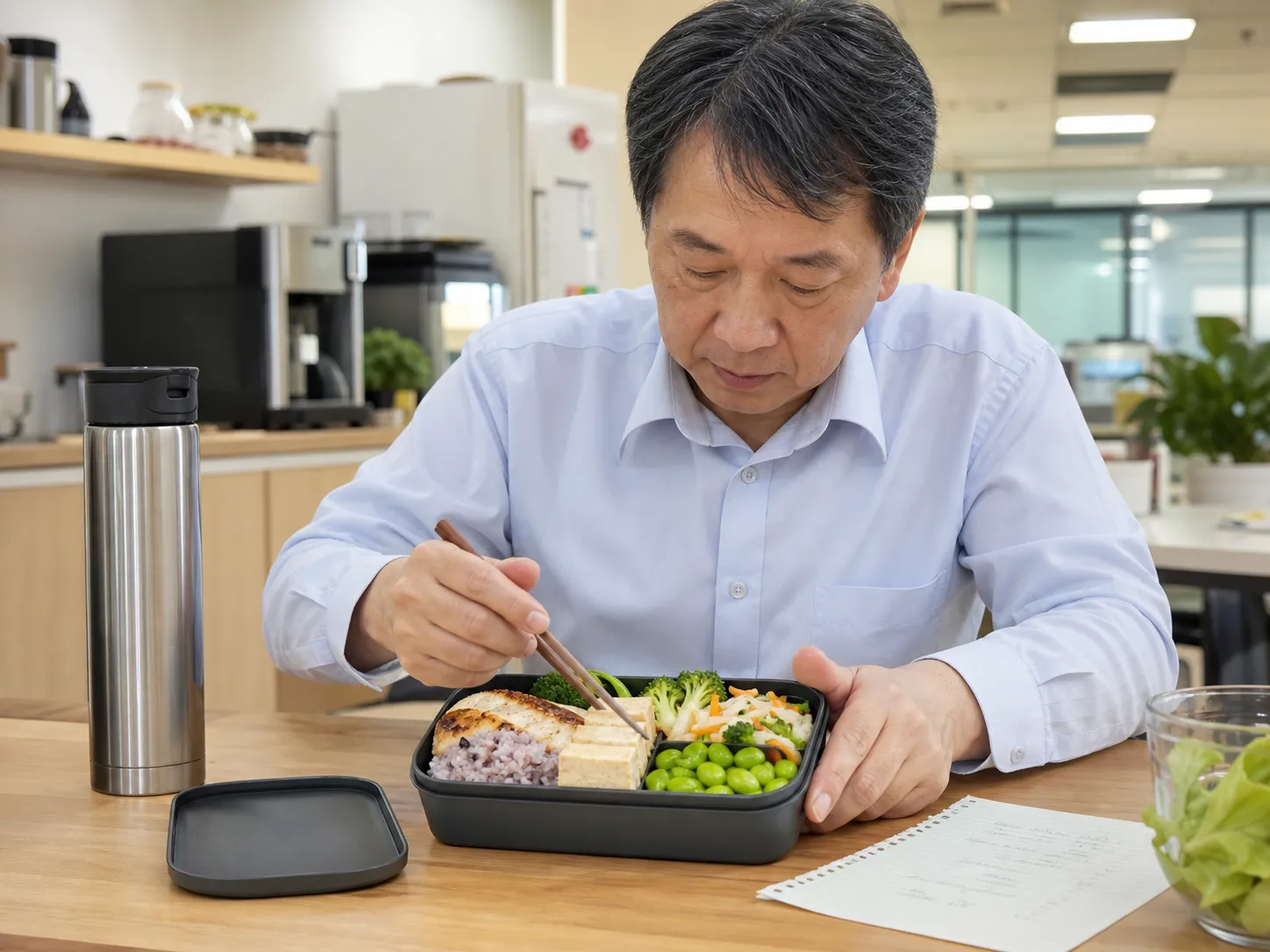 上班族在辦公室準備含魚肉、豆腐、毛豆與蔬菜的均衡餐盒