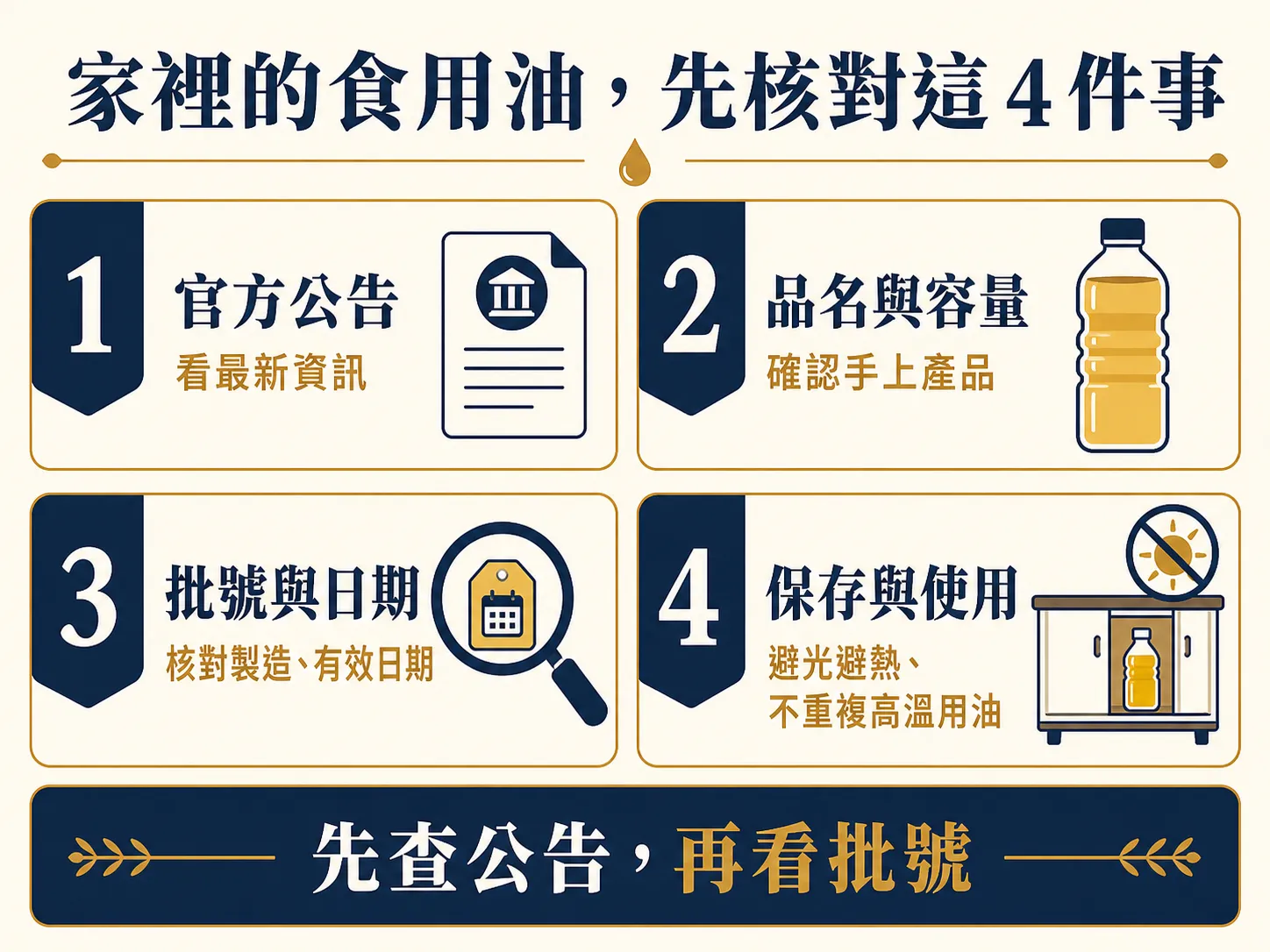 食用油食安檢查四步驟,包含官方公告、品名容量、批號日期與保存使用
