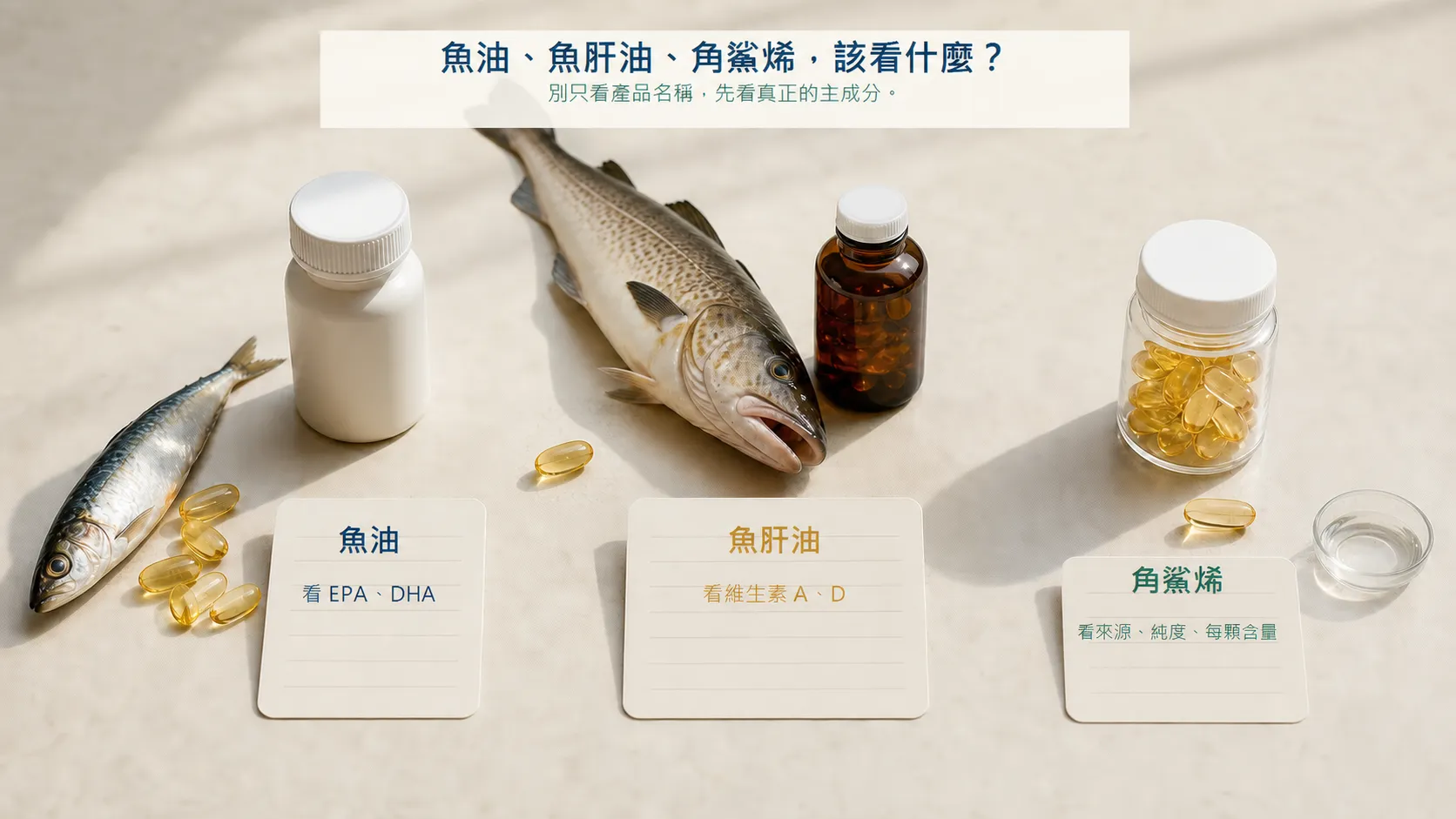 魚油、角鯊烯與魚肝油的成分判讀圖，說明魚油看 EPA DHA、角鯊烯看來源與含量
