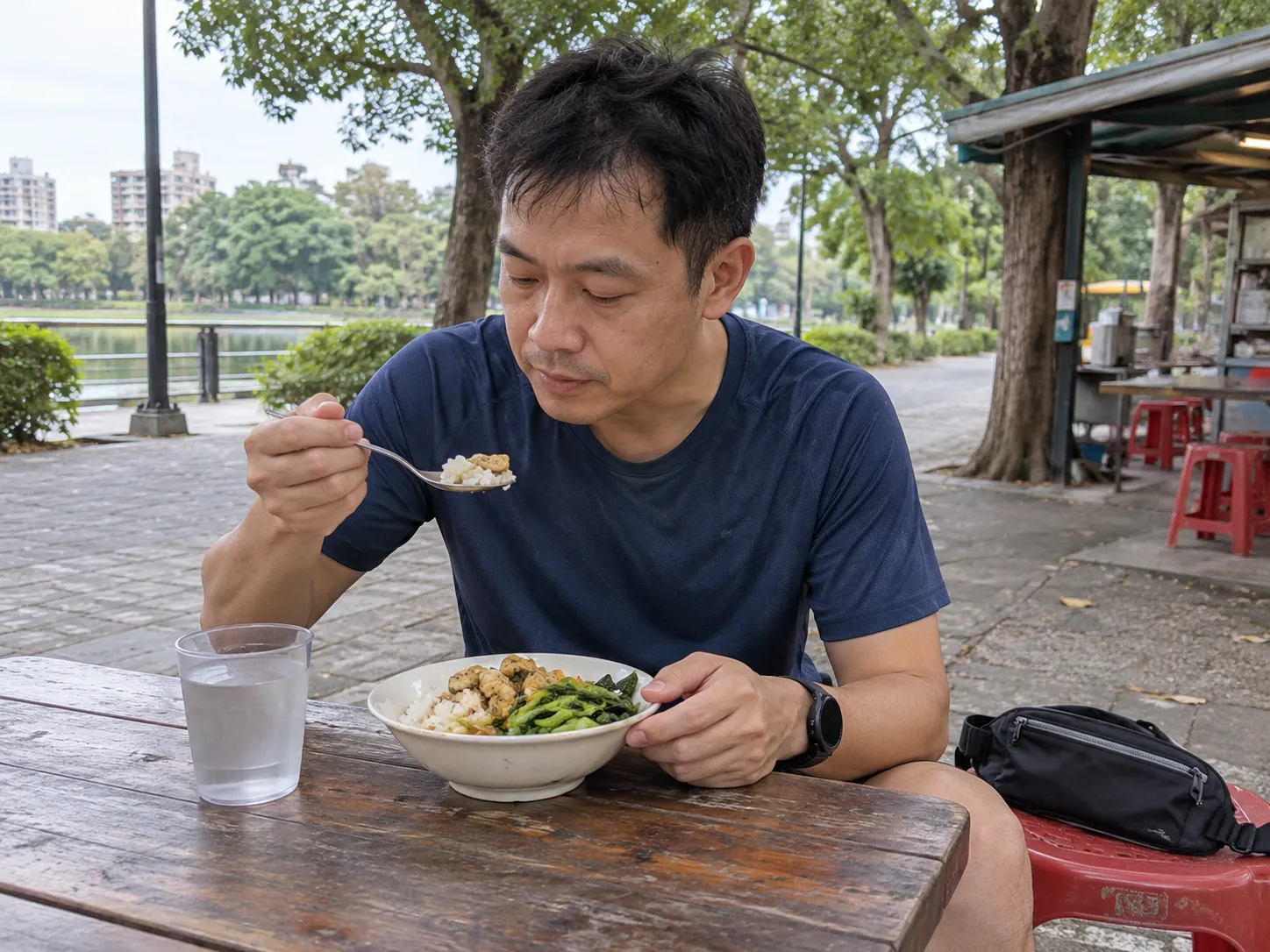 跑步後的男性在公園旁用餐，餐點包含米飯、雞肉與蔬菜，強調運動後的營養補給需求