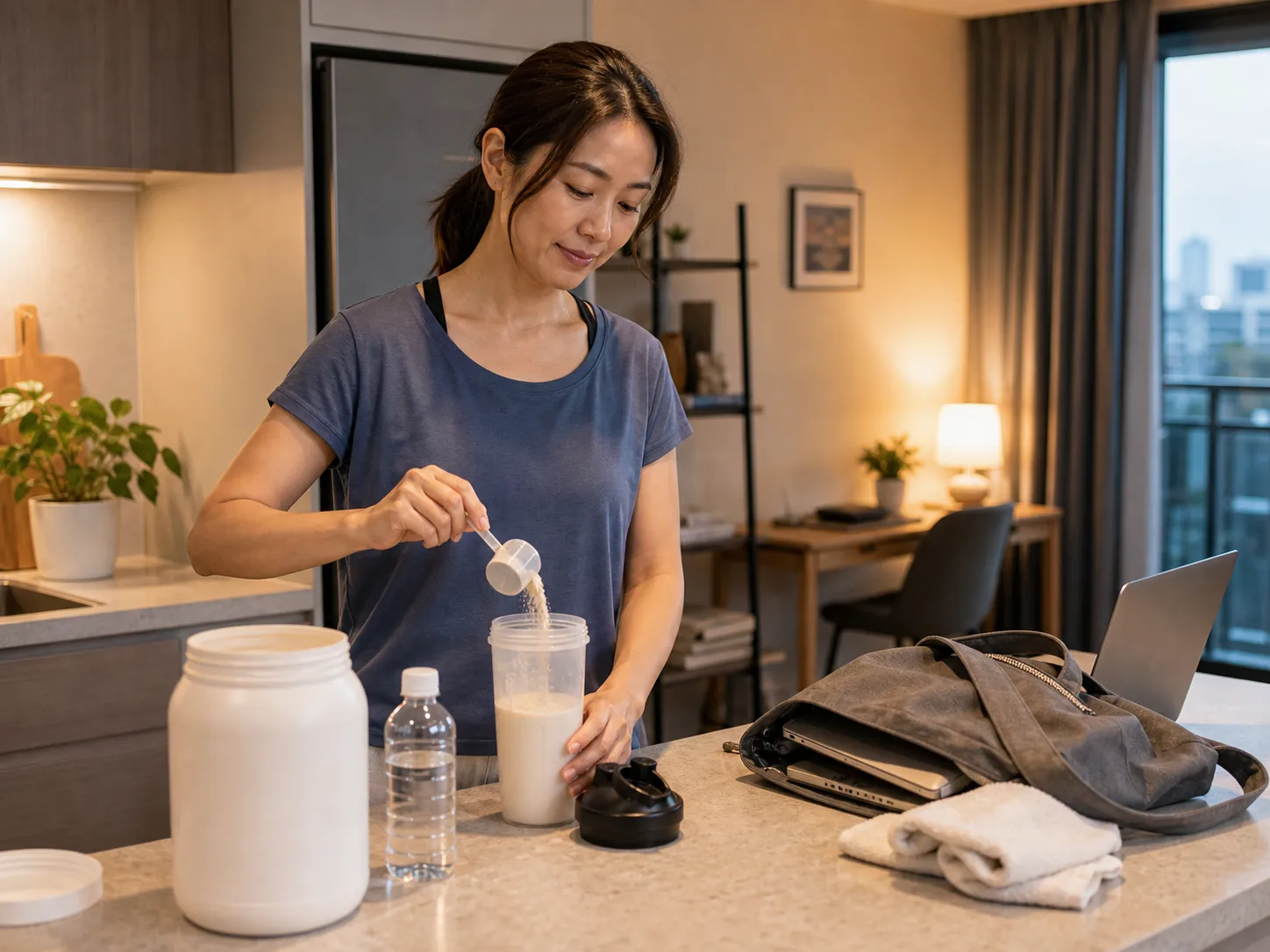 居家日常補給情境畫面，呈現乳清蛋白型態選擇和生活安排有關的使用情境