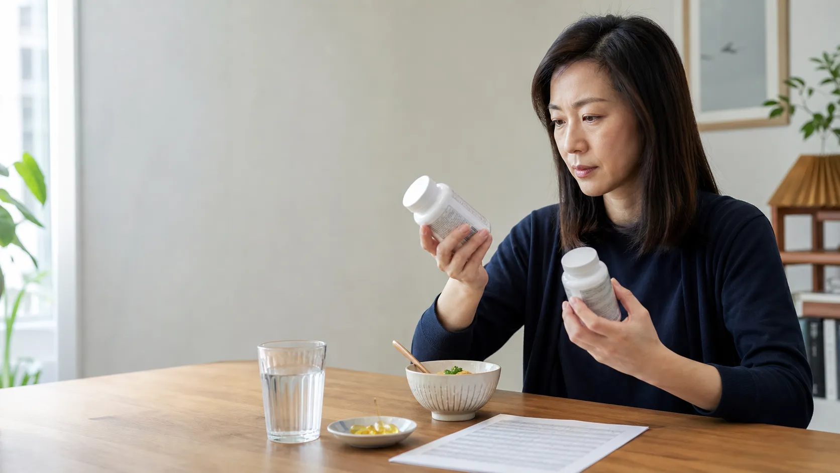 女子在家中比較魚油與角鯊烯補充品，閱讀成分標示判斷是否需要更換