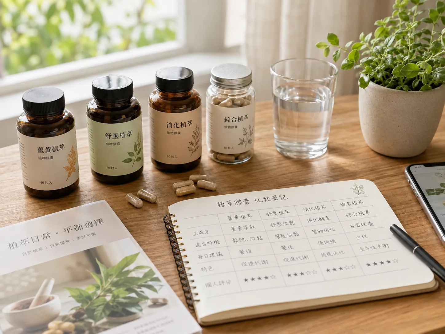 植萃膠囊與日常保養選品比較情境圖