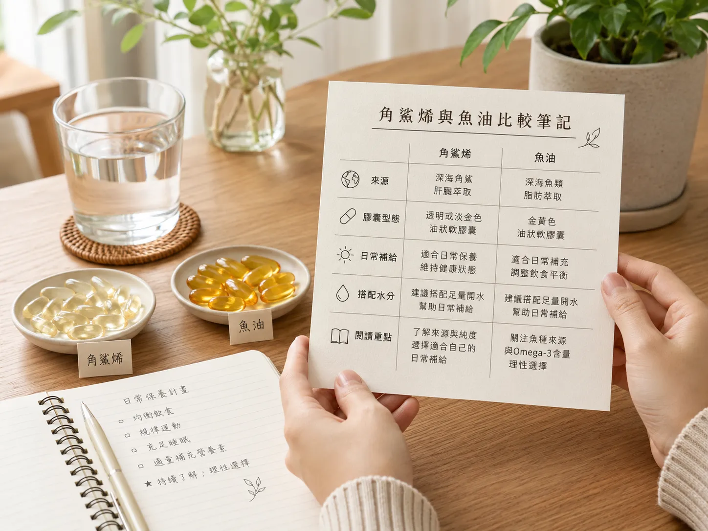 角鯊烯與魚油資訊判讀與比較方向示意圖