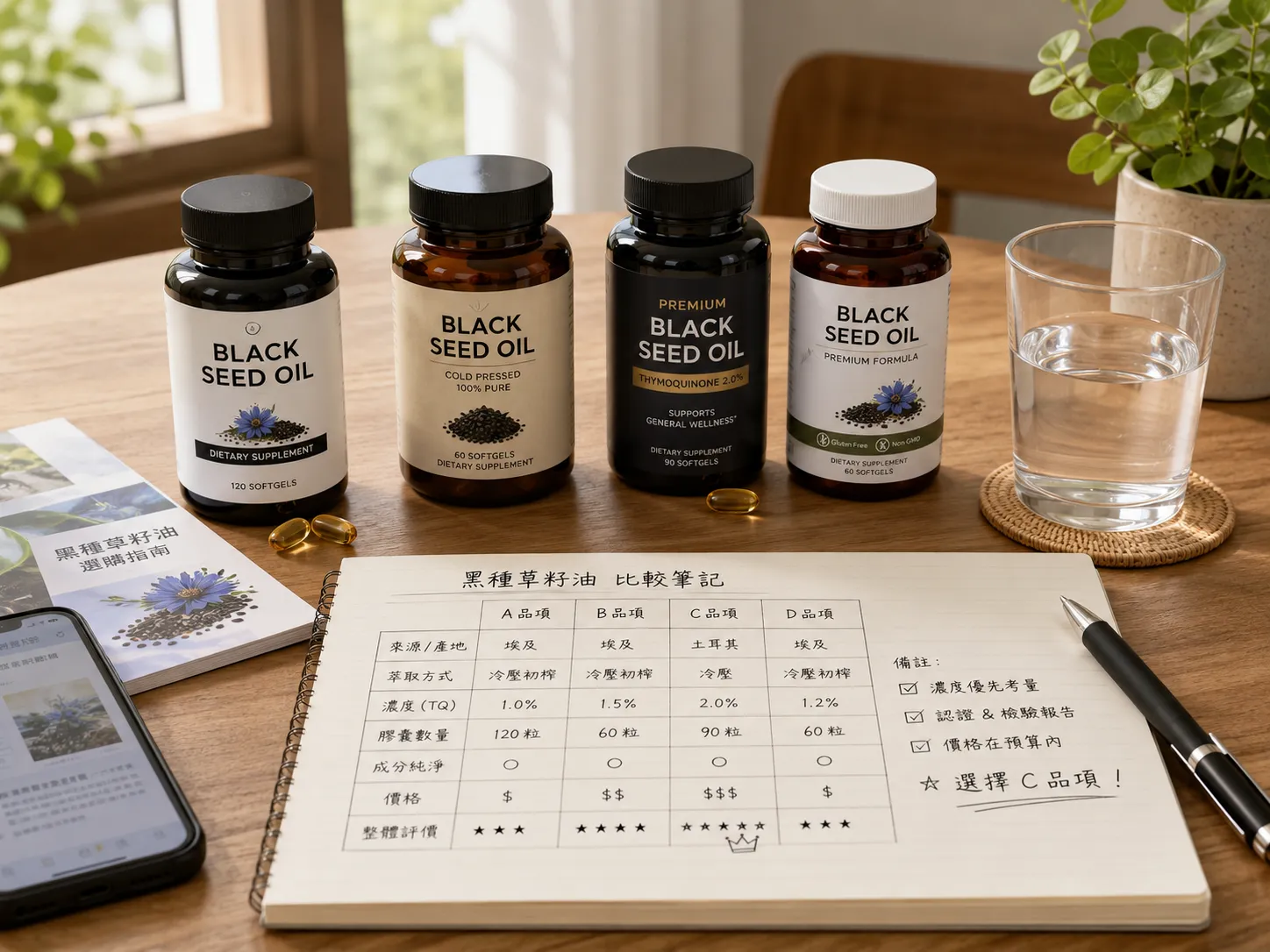 黑種草籽油產品挑選前的桌面比較情境圖
