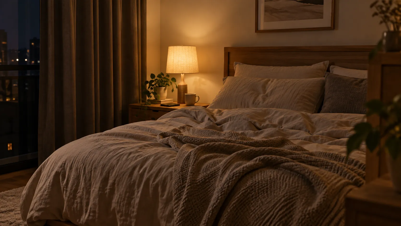 安靜昏暗的臥室與整理好的床邊睡眠環境