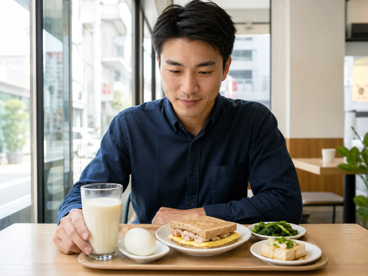 上班族在早餐店選擇雞蛋、雞肉、豆腐與豆漿等蛋白質食物作為早餐