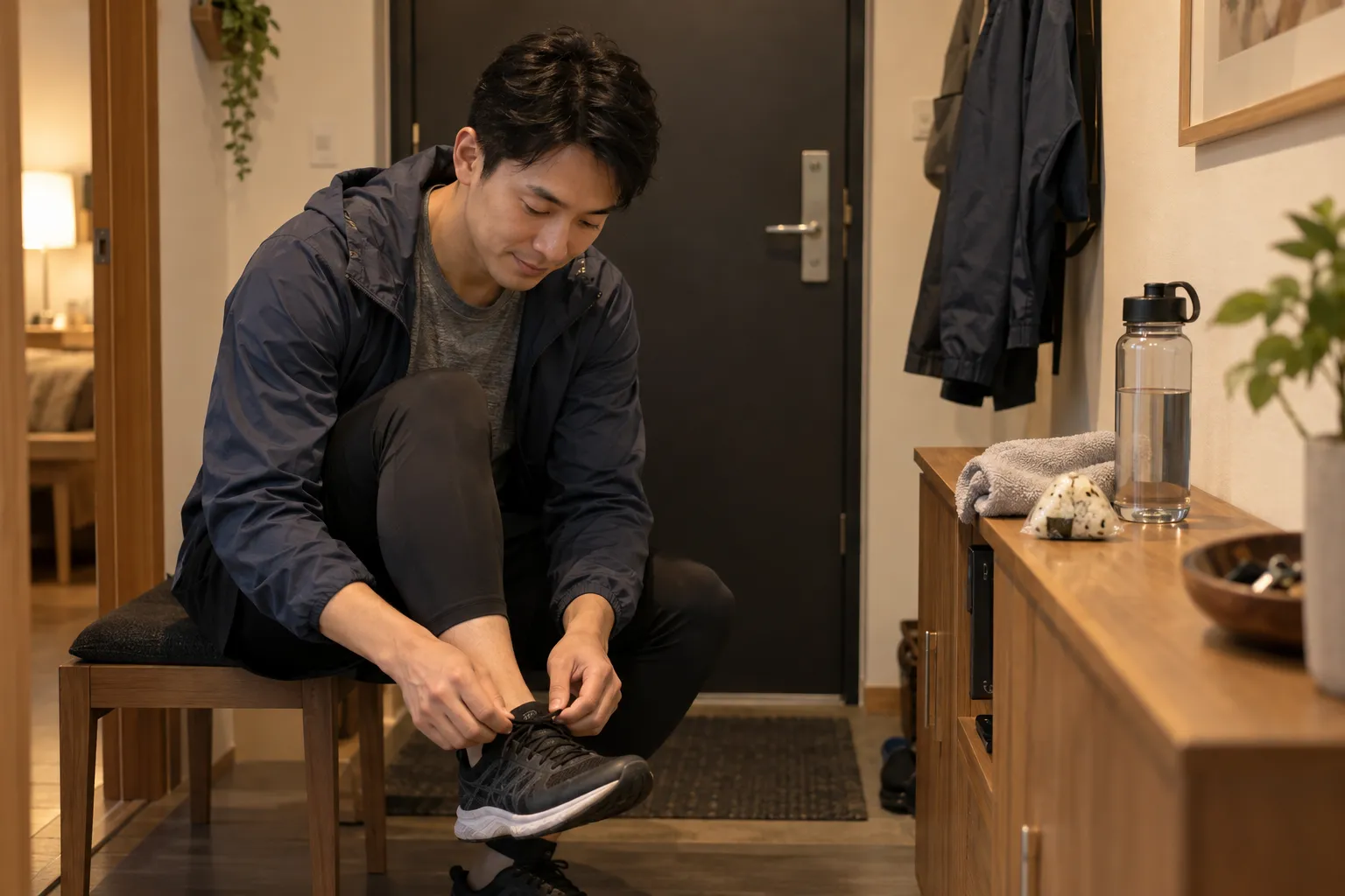 下班後準備外出跑步的人,在玄關整理運動鞋、水壺與簡單點心