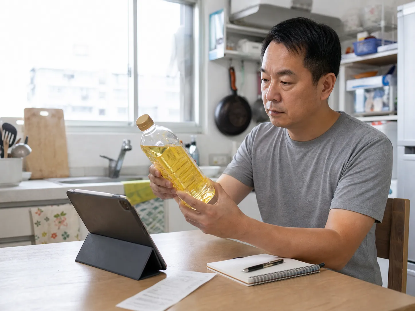 在家核對食用油瓶身標示與官方公告,確認產品批號和日期
