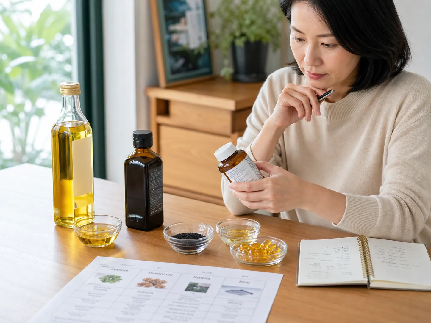 桌上同時有食用油、黑種草籽油、角鯊烯與成分標示,消費者正在比較標籤
