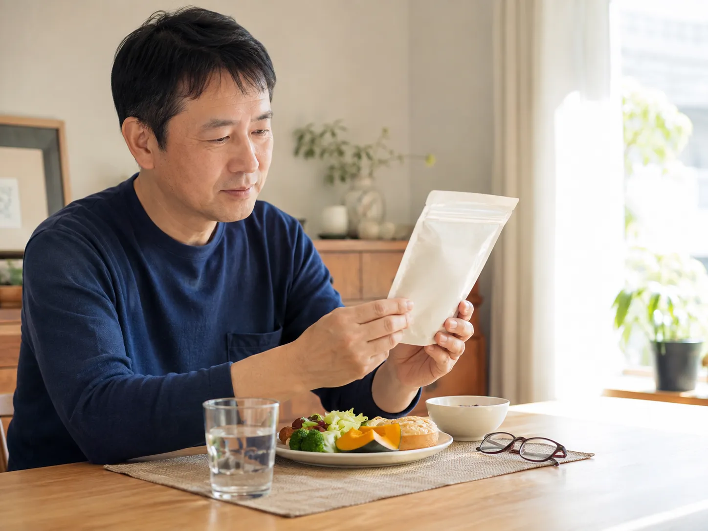 男子在早餐桌旁查看袋裝保健食品