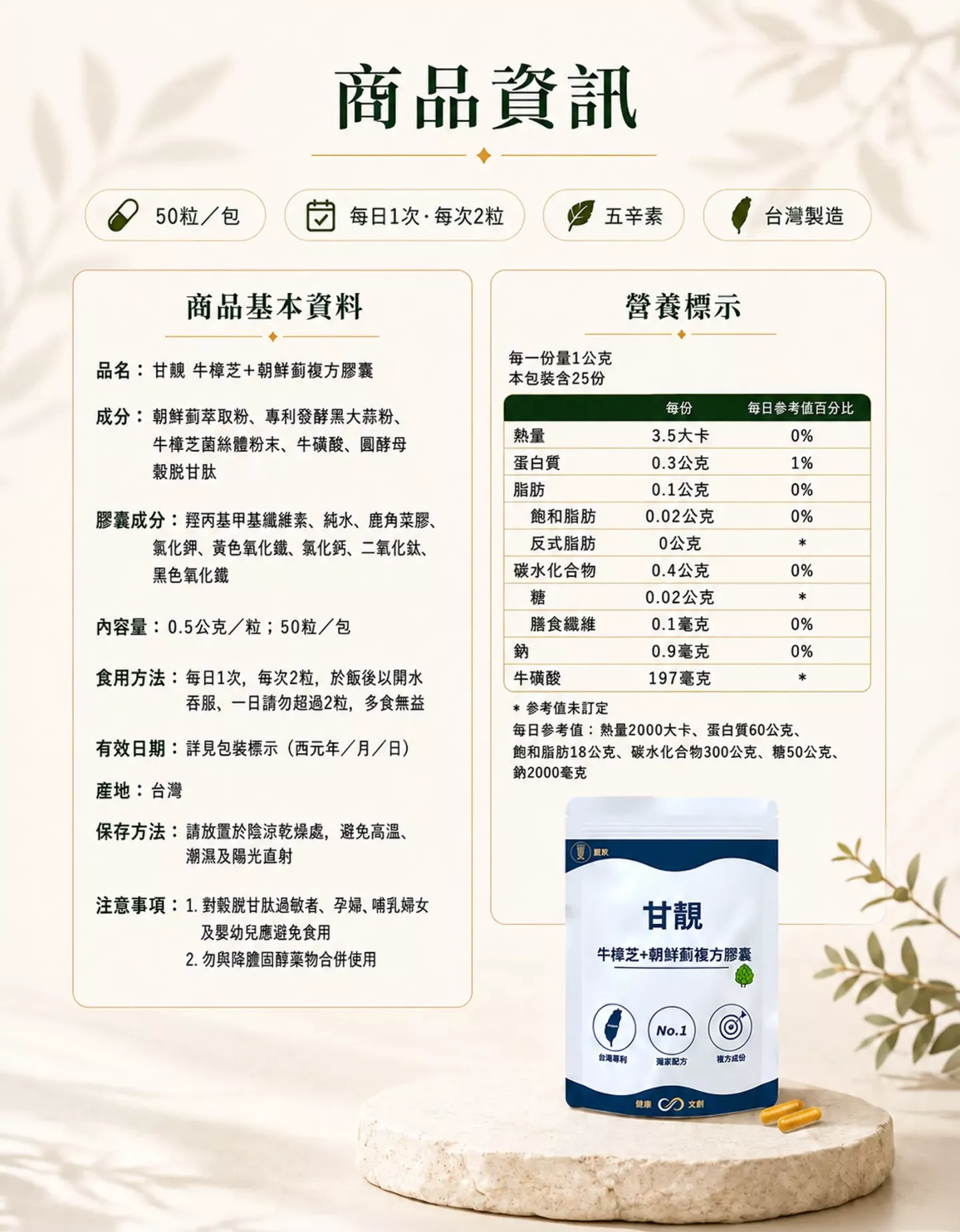 甘靚牛樟芝加朝鮮薊複方膠囊成分、食用方式、營養標示與注意事項