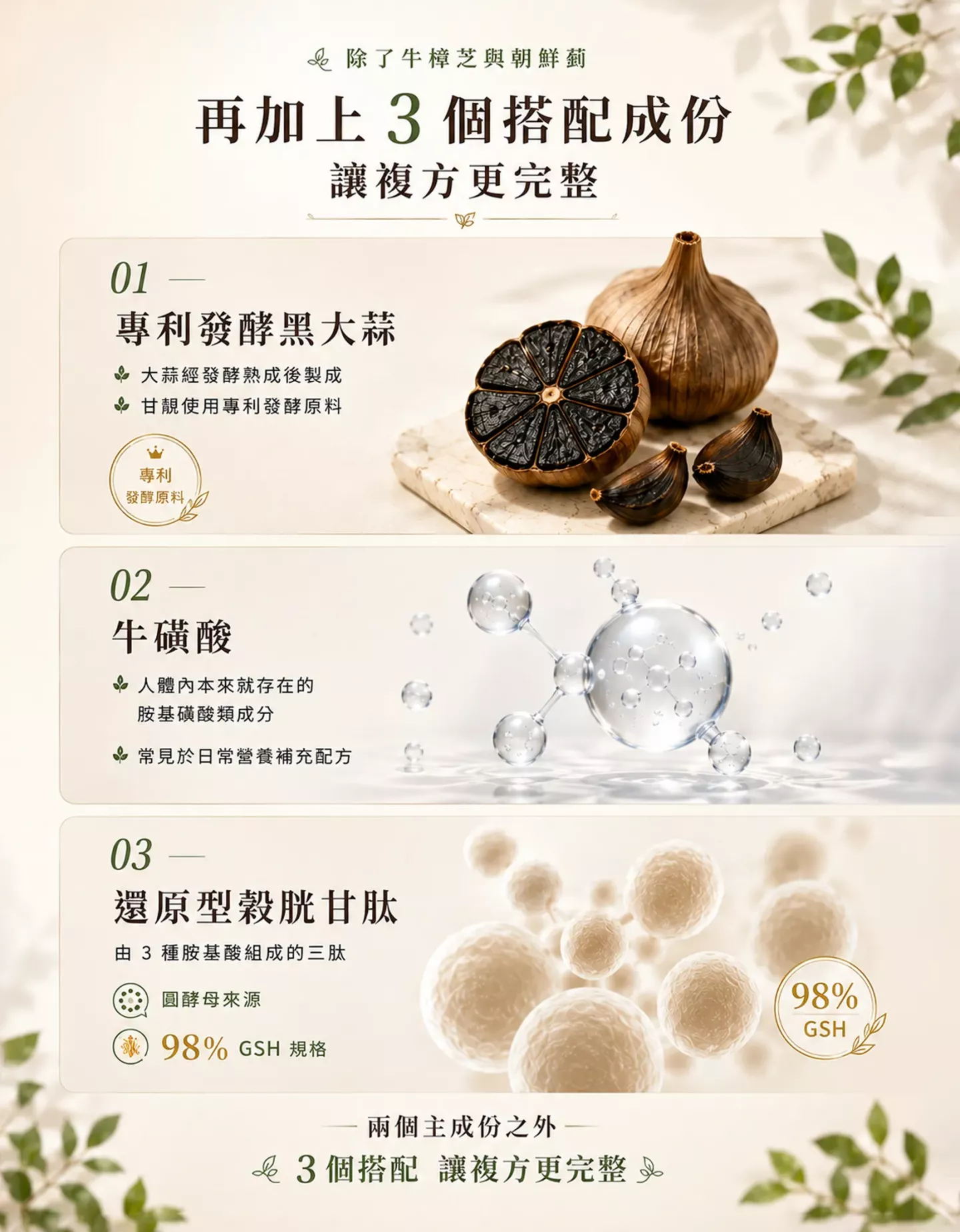 甘靚複方膠囊搭配專利發酵黑大蒜、牛磺酸與穀胱甘肽成分介紹