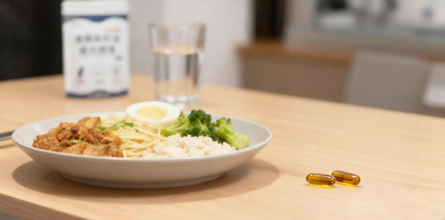 黑種草籽油膠囊擺放在日常餐桌上的情境,象徵現代人把黑種草油放進日常保養