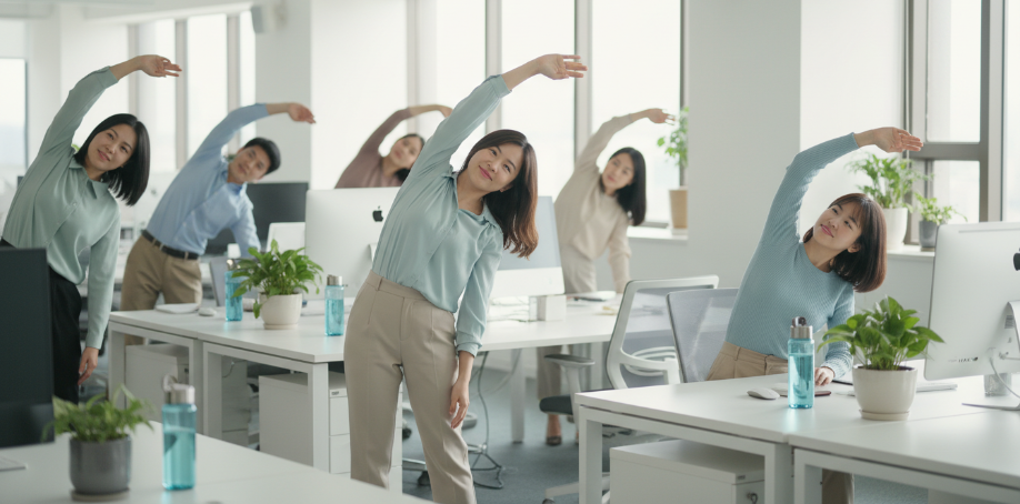一群上班族在辦公室裡做簡單的伸展運動,展現輕鬆提神、保持活力的情境