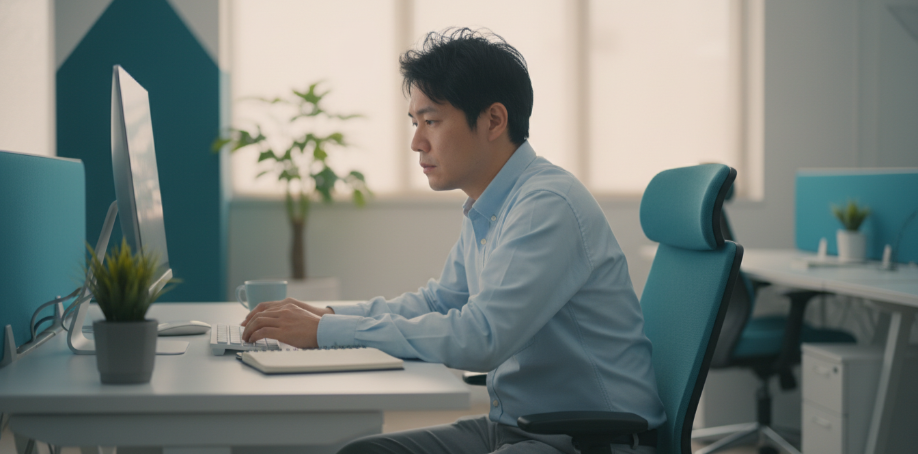 一位上班族男性在辦公桌前,身體微彎,眼神疲憊地盯著電腦螢幕,呈現午後精神不濟的狀態