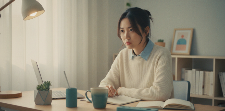 上班族女性在辦公室桌前,午後感到些許疲憊但仍努力工作的樣子,桌面上有咖啡或茶杯,展現辦公室提神情境