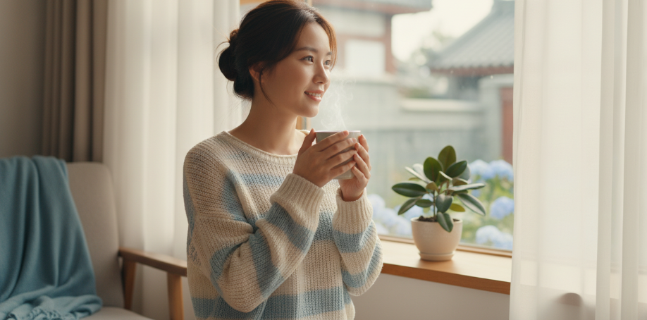 上班族女性在辦公室桌前,午後感到些許疲憊但仍努力工作的樣子,桌面上有咖啡或茶杯,展現辦公室提神情境