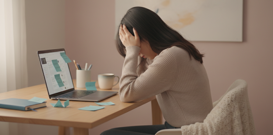 一位上班族男性在辦公桌前,身體微彎,眼神疲憊地盯著電腦螢幕,呈現午後精神不濟的狀態