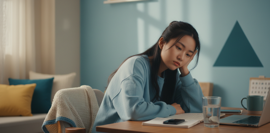 一位上班族男性在辦公桌前,身體微彎,眼神疲憊地盯著電腦螢幕,呈現午後精神不濟的狀態