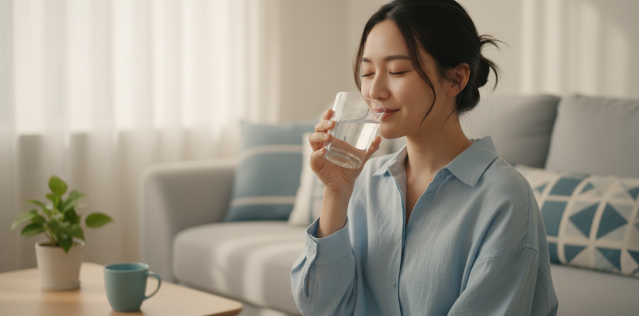 上班族女性在辦公室桌前,午後感到些許疲憊但仍努力工作的樣子,桌面上有咖啡或茶杯,展現辦公室提神情境