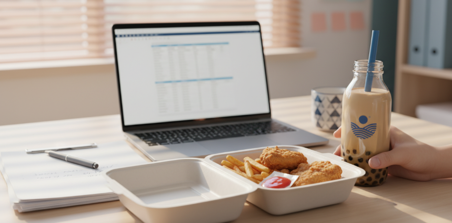 一位上班族男性在辦公桌前,身體微彎,眼神疲憊地盯著電腦螢幕,呈現午後精神不濟的狀態